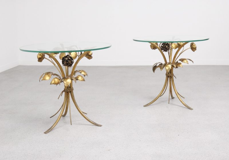 Pair of Hans Kögl - mid century gilded metal flowers side table - vintage design hollywood regency hans kogl bijzettafel 1