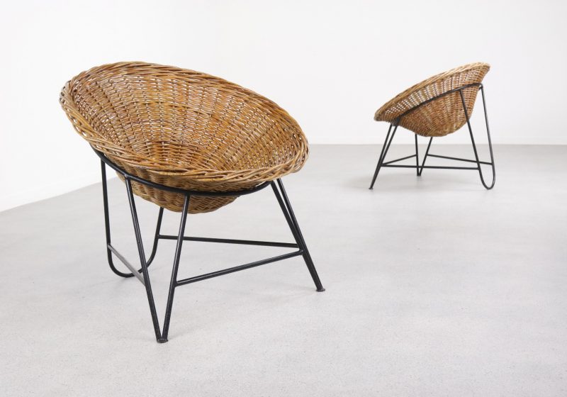 Mathieu Mategot - Wicker rattan lounge chairs - Mid century French design 1950s 1960s - Vintage design rieten rotan fauteuil 1