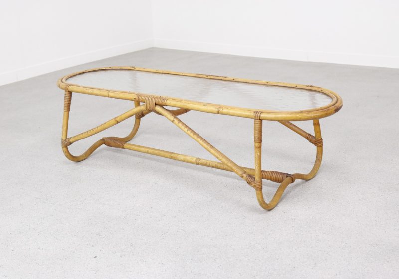 Dirk van Sliedregt - Rohé Noordwolde mid century Dutch design rattan wicker glass coffee table - Vintage Nederlands design rieten salontafel 1950s 1