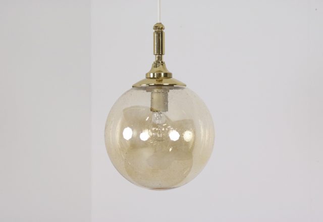 Mid century brass smoked bubble glass hanging lamp 1970s - Vintage messing bubbel rookglas bollamp 1