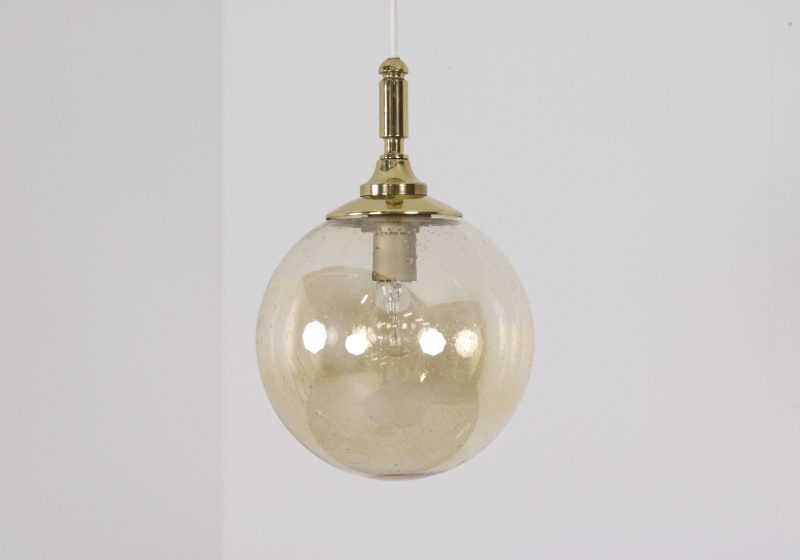 Mid century brass smoked bubble glass hanging lamp 1970s - Vintage messing bubbel rookglas bollamp 1