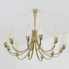 Large Brass 12 arm chandelier by Stilnovo Italy 1960s opaline shades - Mid century Italian lighting - Vintag Italiaanse kroonluchter 6