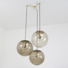 Vintage Glashutte Limburg Large brass smoked glass globe hanging lamps 1960s - Mid century large globe pendant lights 1