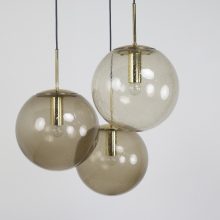 Vintage Glashutte Limburg Large brass smoked glass globe hanging lamps 1960s - Mid century large globe pendant lights 2