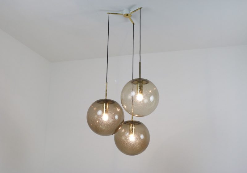 Vintage Glashutte Limburg Large brass smoked glass globe hanging lamps 1960s - Mid century large globe pendant lights 6