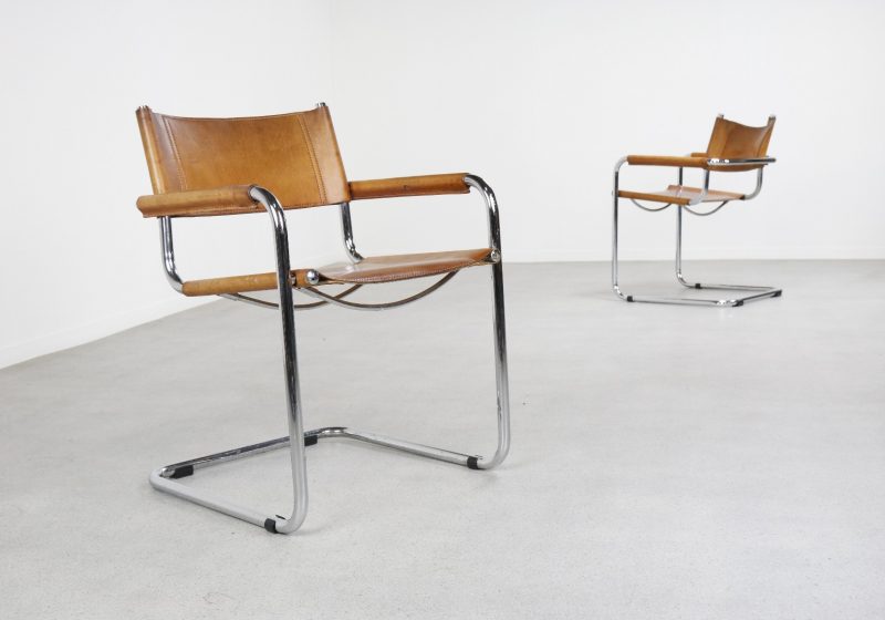 Vintage Mart Stam s34 cantilever Bauhaus dining chairs - Mid century saddle leather arm chairs 1