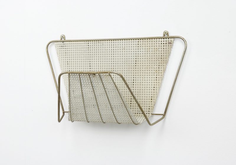 Mid century French perforated metal & brass magazine holder Mategot style 1950s 1