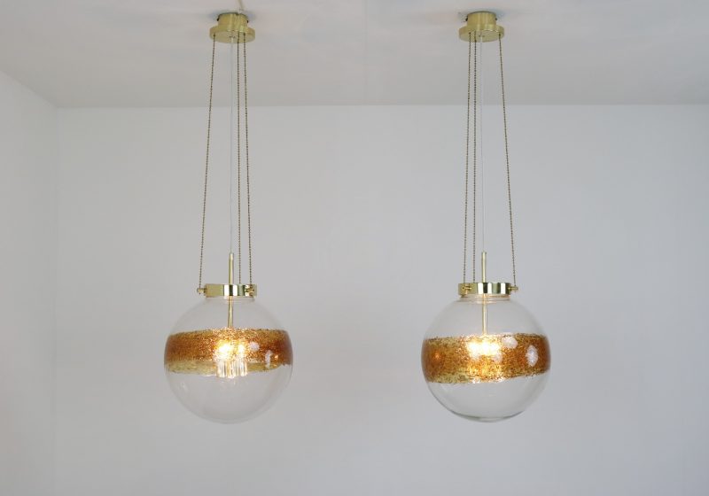 Murano glass & brass Kaiser Leuchten hanging lamps 1970s - Mid century German design lights - Vintage muranoglas hanglampen 1