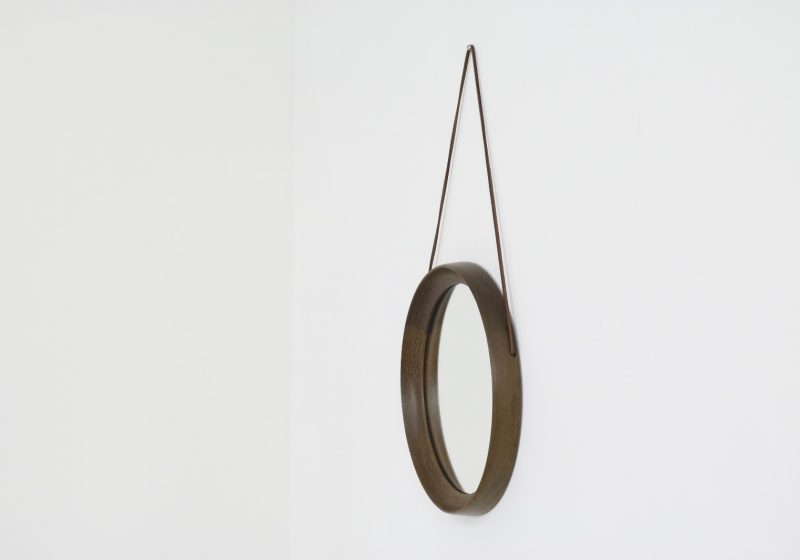 Uno & Östen Kristiansson Luxus - vintage round wall mirror wenge leather - Sweden 1960s 2