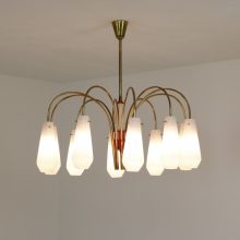 Large 10 arm mid century Italian chandelier Stilnovo Stilux Arredoluce era - Brass glass patina 1950s 6