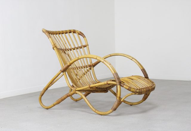 Vintage Rohé Noordwolde rotan fauteuil 1950s 1960s - Mid century Dutch design wicker low lounge chair 1