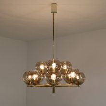 Vintage brass & smoked glass 12 arm chandelier in the style of Hans Agne Jakobsson 1960s 1970s 1