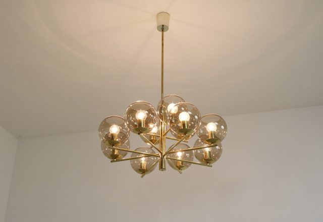 Vintage brass & smoked glass 12 arm chandelier in the style of Hans Agne Jakobsson 1960s 1970s 2