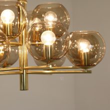 Vintage brass & smoked glass 12 arm chandelier in the style of Hans Agne Jakobsson 1960s 1970s 3