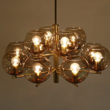 Vintage brass & smoked glass 12 arm chandelier in the style of Hans Agne Jakobsson 1960s 1970s 5