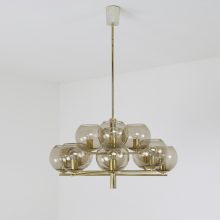 Vintage brass & smoked glass 12 arm chandelier in the style of Hans Agne Jakobsson 1960s 1970s 7