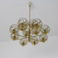 Vintage brass & smoked glass 12 arm chandelier in the style of Hans Agne Jakobsson 1960s 1970s 8