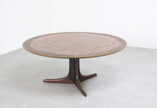 Mid century Danish design round coffee table rosewood & copper inlay 1960s - Vintage Deense palissander salontafel 1