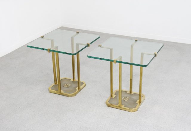 Vintage pair of Peter Ghyczy T18 Pioneer series brass glass side tables Dutch design 1