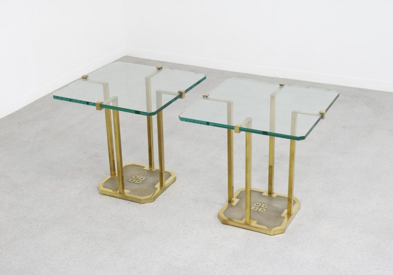 Vintage pair of Peter Ghyczy T18 Pioneer series brass glass side tables Dutch design 1