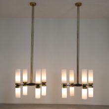 Large mid century chandeliers in brass metal & opaline glass - Arredoluce Stilnovo Raak Amsterdam 1960s 1