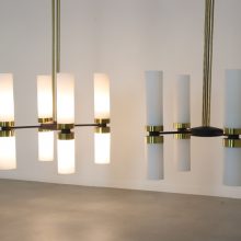 Large mid century chandeliers in brass metal & opaline glass - Arredoluce Stilnovo Raak Amsterdam 1960s 5