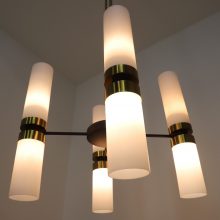 Large mid century chandeliers in brass metal & opaline glass - Arredoluce Stilnovo Raak Amsterdam 1960s 8