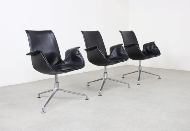 Jørgen Kastholm & Preben Fabricius FK6727 Tulip lounge chairs black leather for Kill International vintage Danish design 1960s 1970s 1