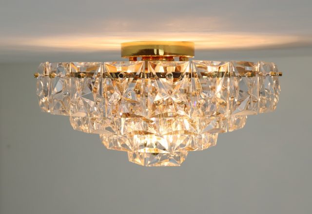 Large vintage Kinkeldey brass & crystal glass flush mount cieling light 1970s German design 11