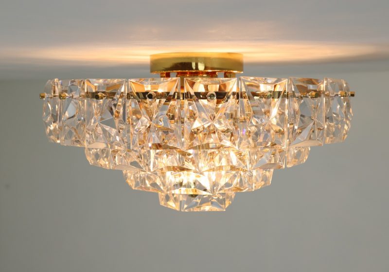 Large vintage Kinkeldey brass & crystal glass flush mount cieling light 1970s German design 11