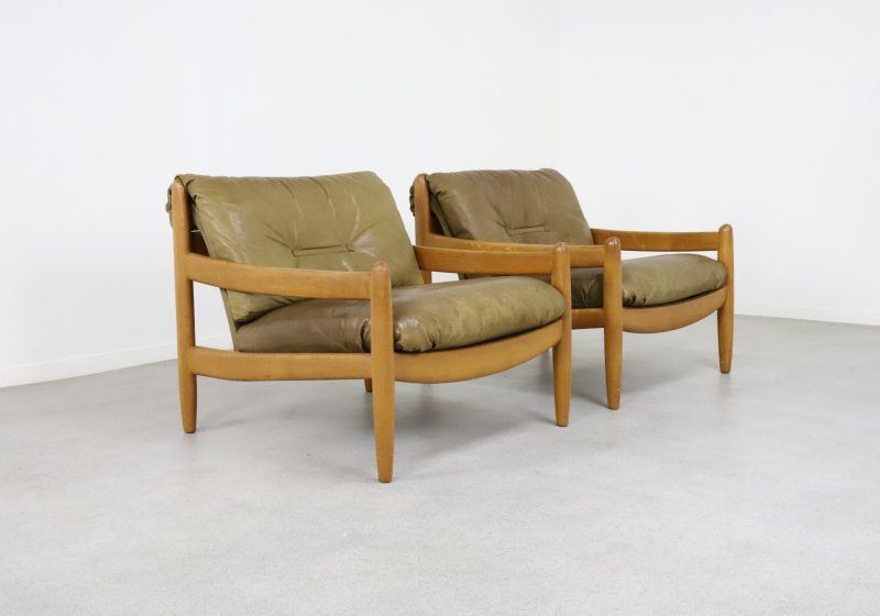 Vintage Carl Straub leather & patinated oak Brazillian style lounge chairs 1960s 1970s 2