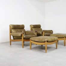 Vintage Carl Straub leather & patinated oak Brazillian style lounge chairs and ottomans 1960s 1970s 1