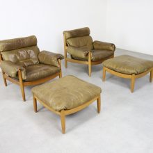 Vintage Carl Straub leather & patinated oak Brazillian style lounge chairs and ottomans 1960s 1970s 3