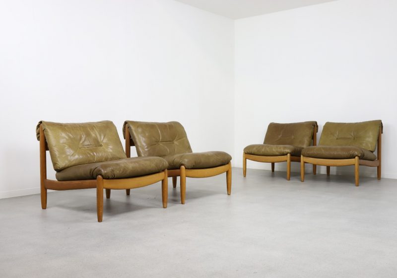 Vintage Carl Straub leather & patinated oak Brazillian style lounge chairs modulair sofa 1960s 1970s 1