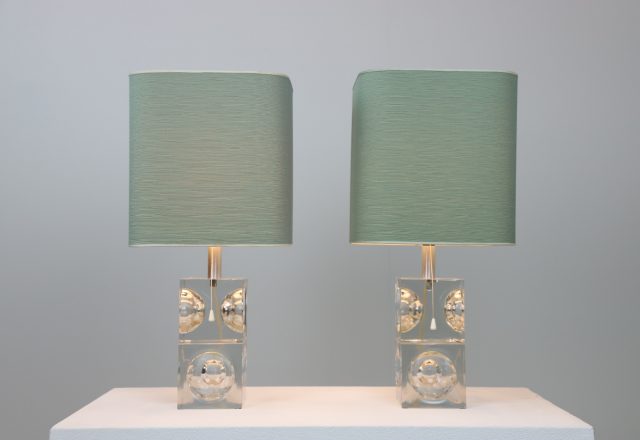 Pair of vintage \'Eclisse\' table lamps by Poliarte, Italy 1970s murano glass cubes 2