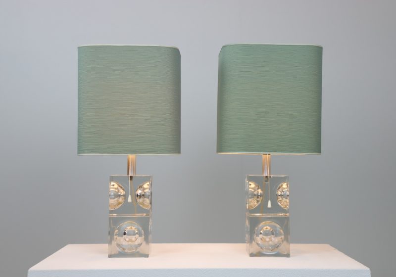 Pair of vintage \'Eclisse\' table lamps by Poliarte, Italy 1970s murano glass cubes 2