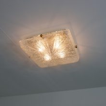 Vintage brass & crystal glass square flush mount cieling light in the style of Kaiser Leuchten 1970s 1