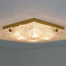 Vintage brass & crystal glass square flush mount cieling light in the style of Kaiser Leuchten 1970s 2