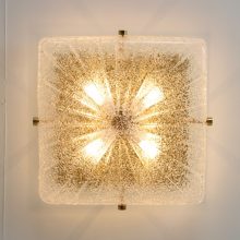 Vintage brass & crystal glass square flush mount cieling light in the style of Kaiser Leuchten 1970s 3