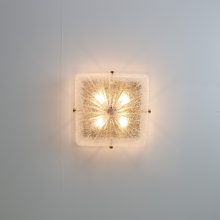 Vintage brass & crystal glass square flush mount cieling light in the style of Kaiser Leuchten 1970s 4