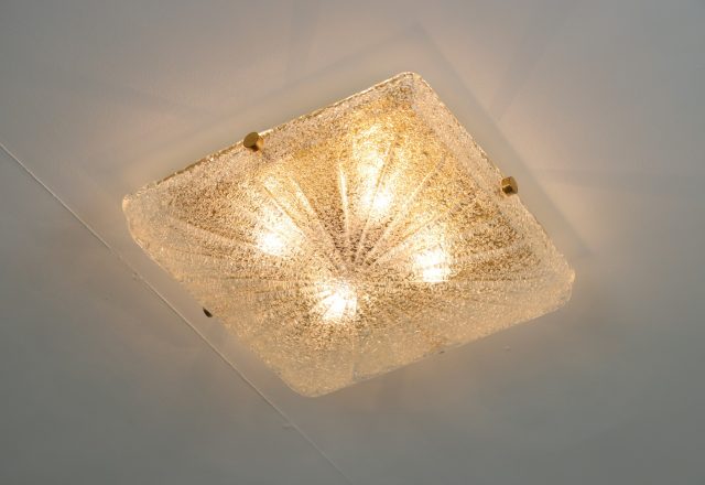 Vintage brass & crystal glass square flush mount cieling light in the style of Kaiser Leuchten 1970s 6