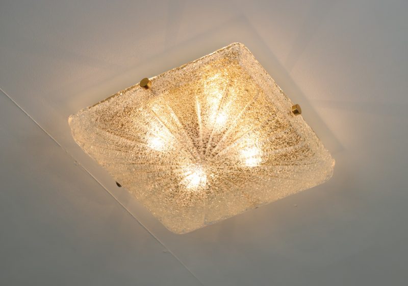 Vintage brass & crystal glass square flush mount cieling light in the style of Kaiser Leuchten 1970s 6