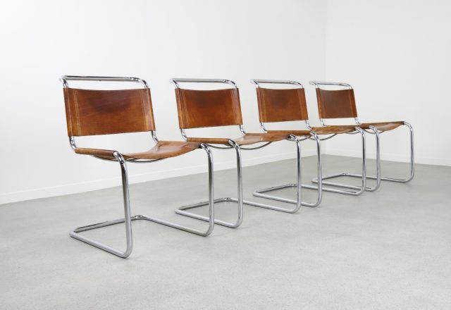 Vintage cognac leather tubular cantilever Bauhaus dining chair in the manner of Mart Stam 1970s 1