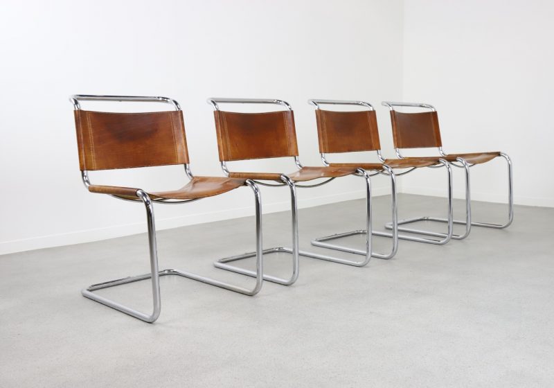 Vintage cognac leather tubular cantilever Bauhaus dining chair in the manner of Mart Stam 1970s 1