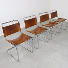 Vintage cognac leather tubular cantilever Bauhaus dining chair in the manner of Mart Stam 1970s 2