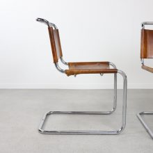 Vintage cognac leather tubular cantilever Bauhaus dining chair in the manner of Mart Stam 1970s 5