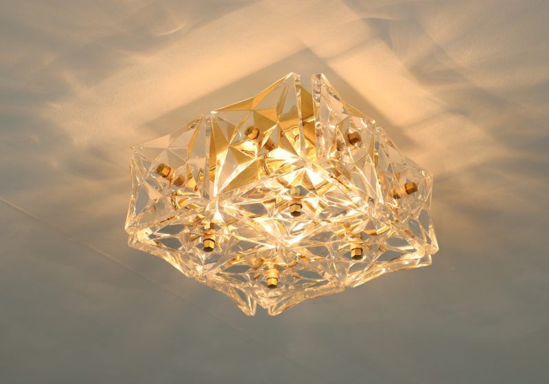 Vintage square Kinkeldey brass & crystal glass flush mount cieling light 1970s German design 3