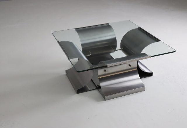 Francios Monnet for Kappa vintage French design coffee table 1970s brushed steel & glass space age 1