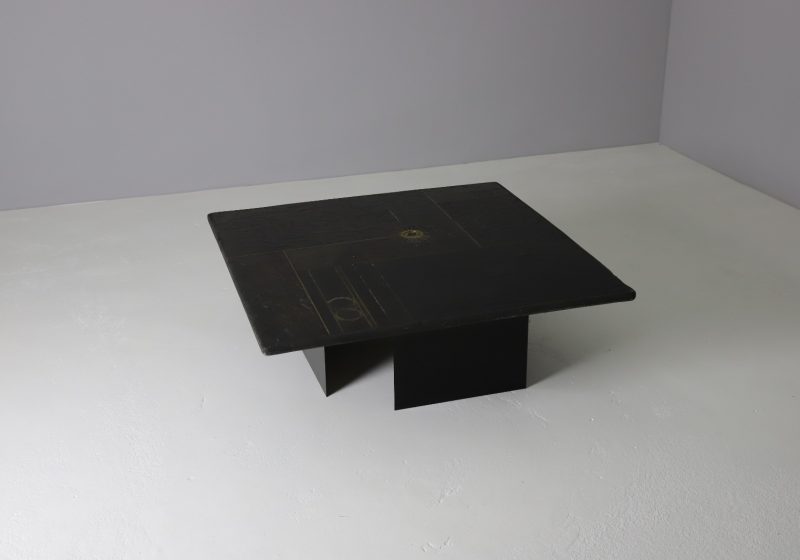 Paul Kingma brutalist coffee table in slate stone & brass 1970s Mid century Dutch design 1