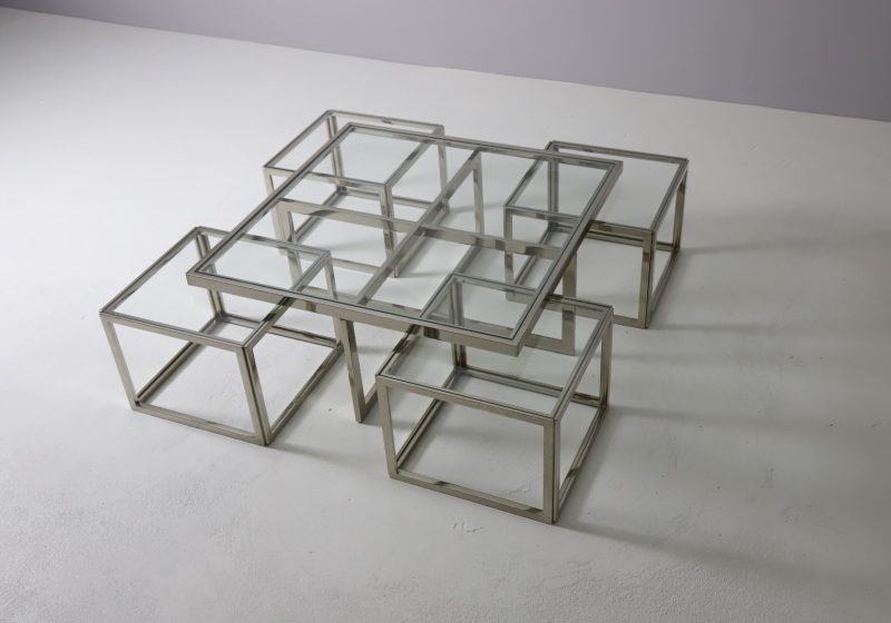 Maison Charles vintage chrome & glass coffee table : nesting tables Hollywood regency mid century French design 1960s 1